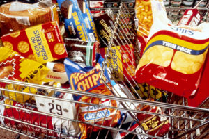 unhealthy snacks in a cart
