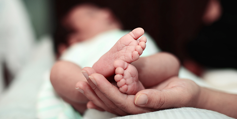 adult hands holding newborn's feet